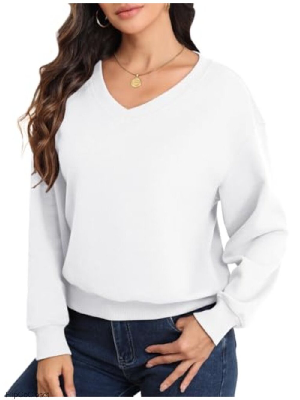 V Neck Long Sleeve Fleece Lined Cropped Sweatshirt Pullover Casual Warm Top
